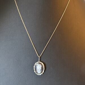 Antique Carved MOP Marcasite Cameo 800 Silver Pendant Pin Chain Necklace